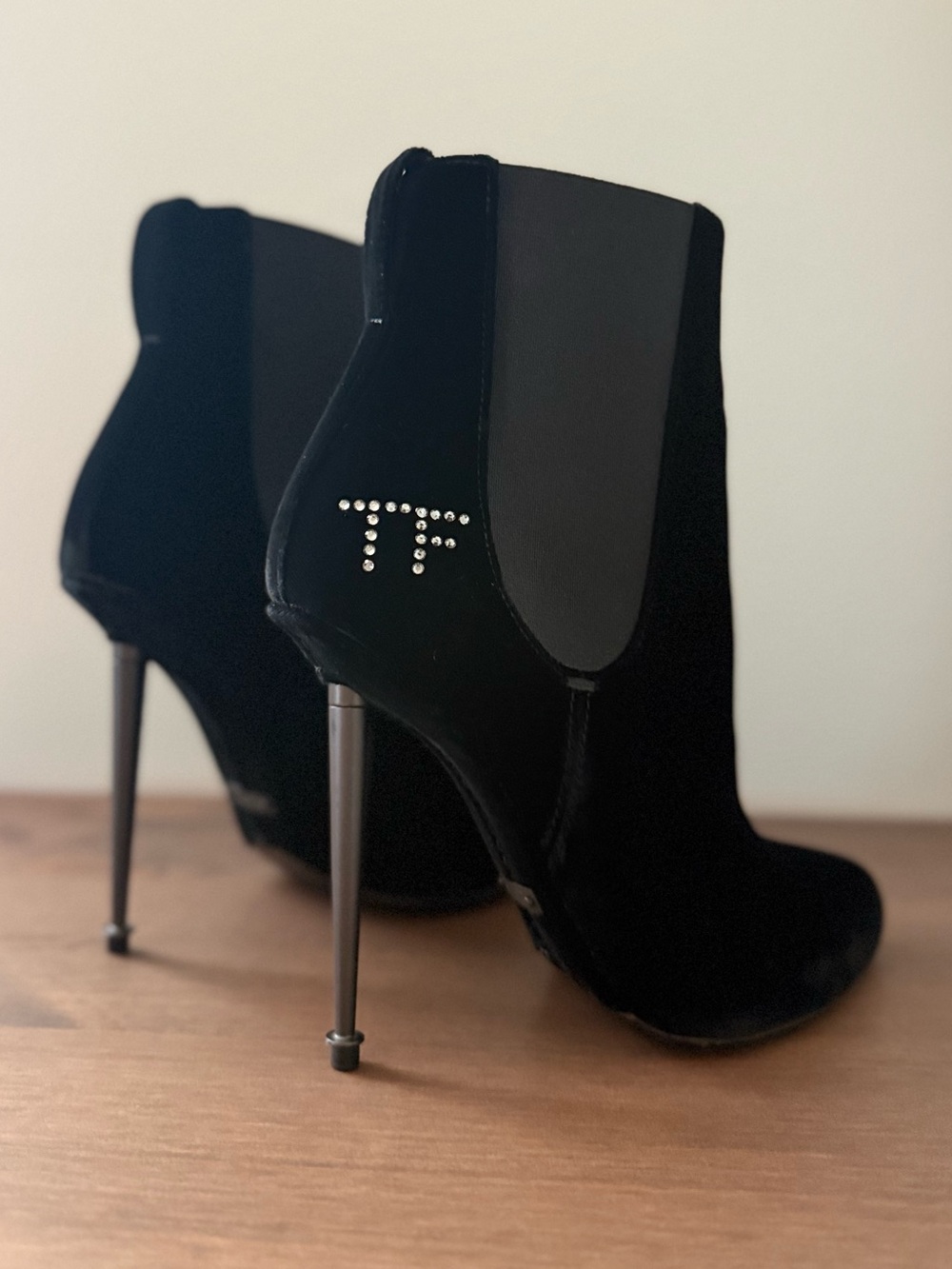 Tom Ford Black Velvet Stiletto Ankle Boot with Crystal TF Logo